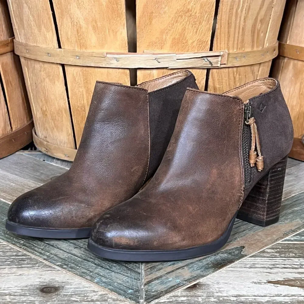Sperry Dasher Lille Brown Leather Suede Block Heel Zip Ankle Boots Womens Size 8